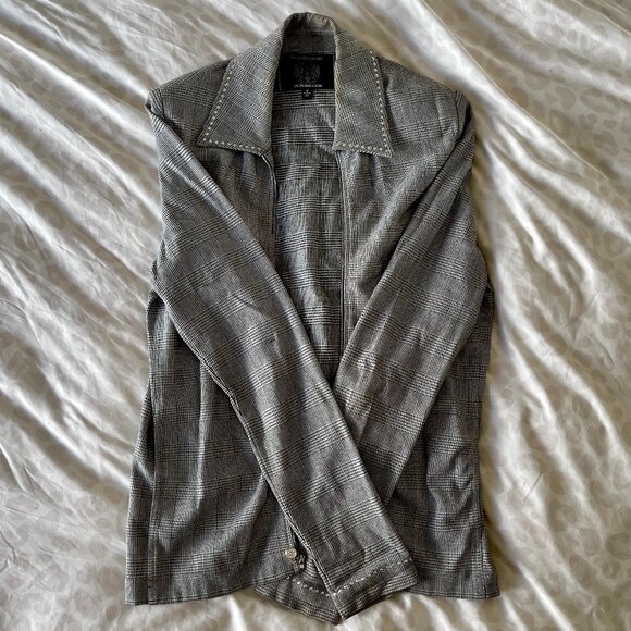 St. John Sport Petite Black & White Plaid Jacket with Silver Stud Detail - Picture 1 of 12